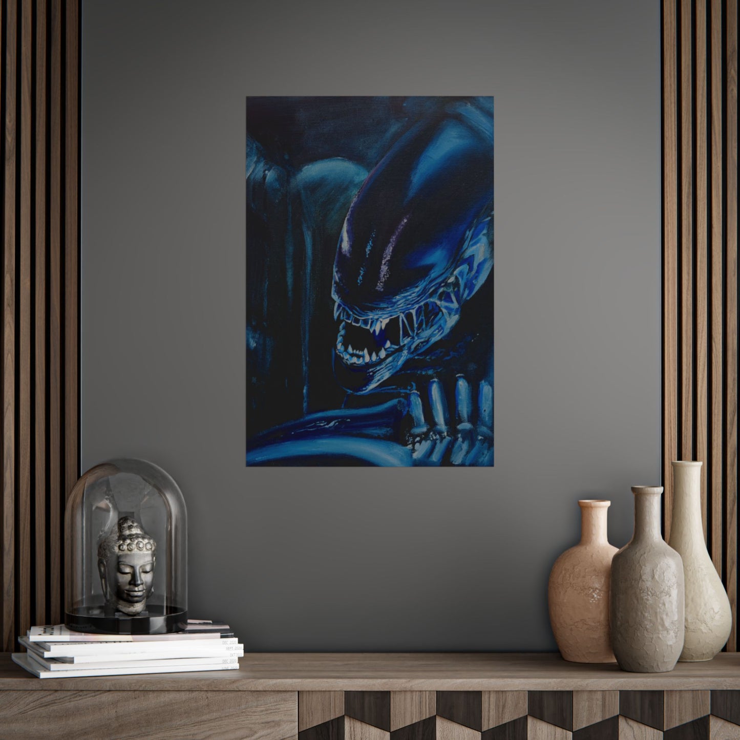 Alien Horror Poster — Blue Xenomorph Movie Art Print